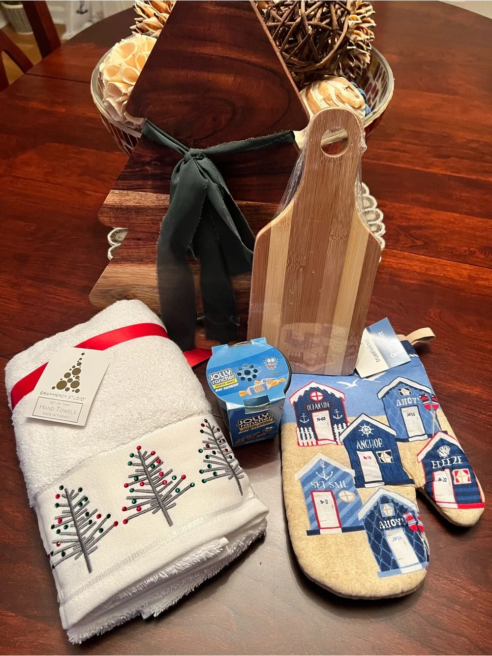 Holiday Kitchen Towel Set with Blue Nautical Oven Mitts and Bamboo Cutting Board